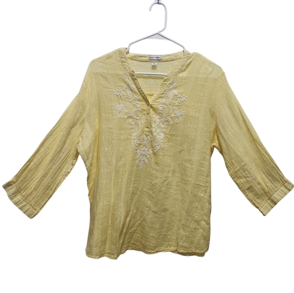 Rebecca Malone Tops - Rebecca Malone Buttery Yellow Cotton Popover Blouse Embroidered Trim Size XL